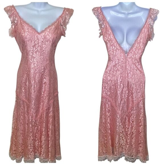 Vintage 80’s Newleaf By Samir Cocktail Prom Lace Dress Pink with Ivory Trim 5/6 - Picture 1 of 16